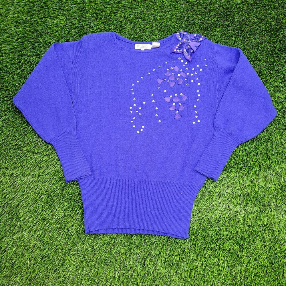 Vintage 90s Flower Sequin Sweater Womens Small 17x25 Blue